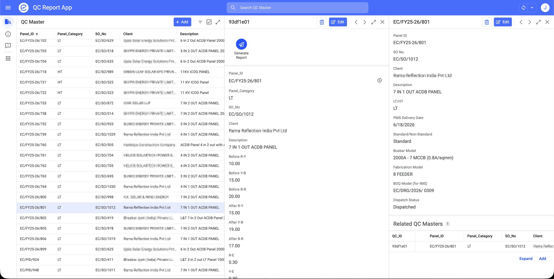 Test readings are connected to the panel record.